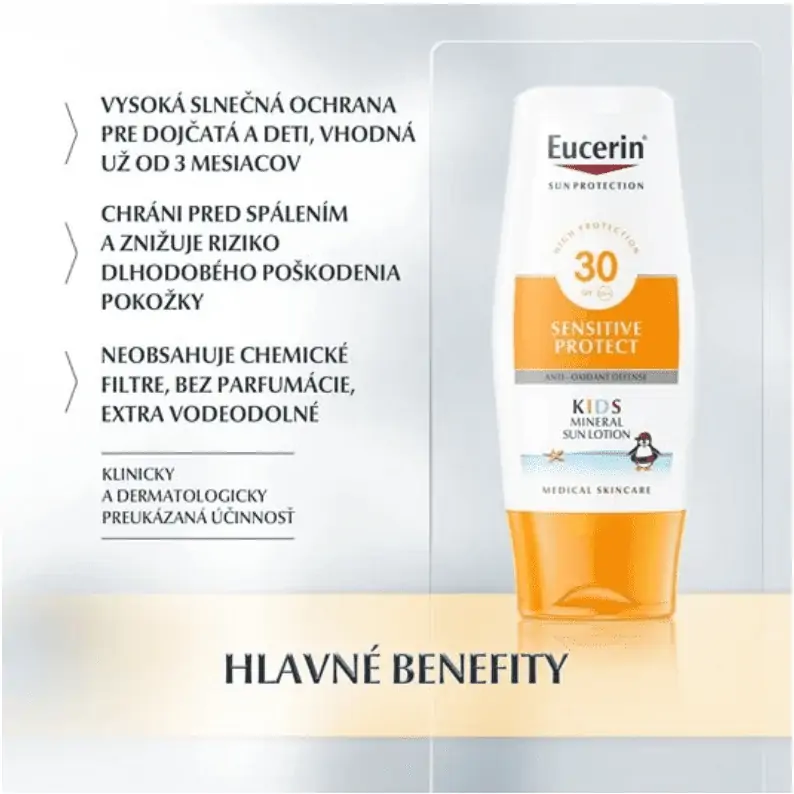 Eucerin Sun Sensitive Protect SPF 30 detské mlieko na opaľovanie s ochrannými mikropigmentmi 150ml benefity 