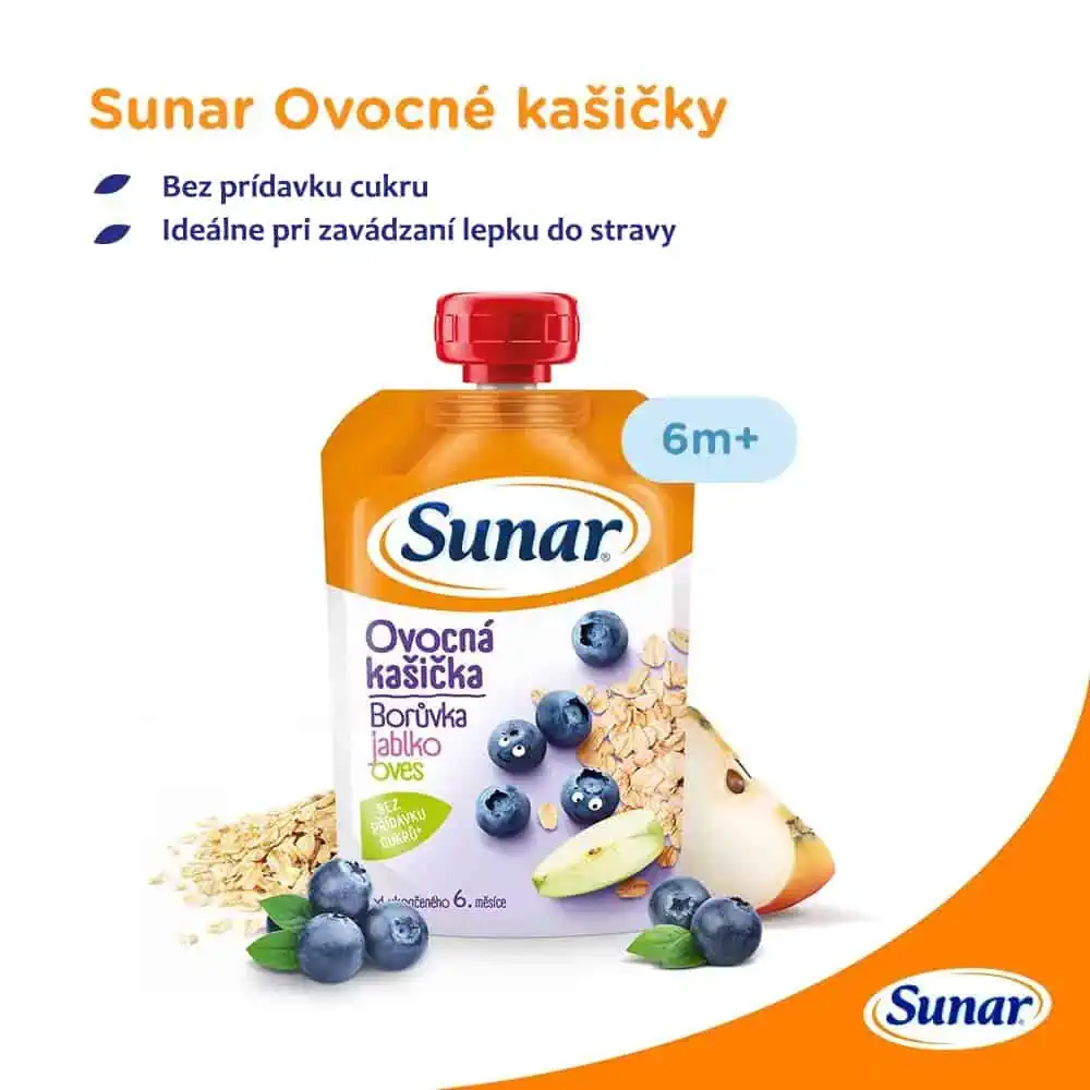 Sunar ovocná kašička Čučoriedka, jablko, ovos 6+, 120g