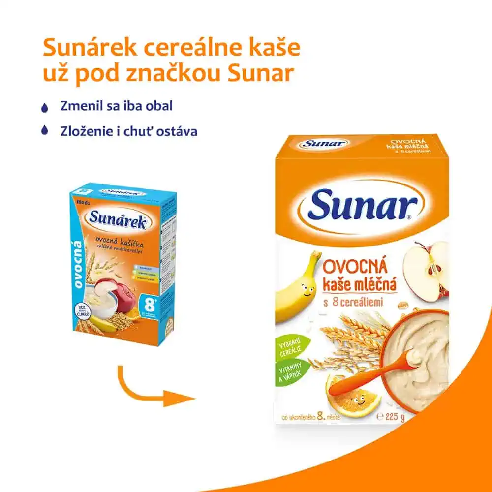 Sunar Ovocná kaša mliečna s 8 cereáliami od ukončeného 8. mesiaca