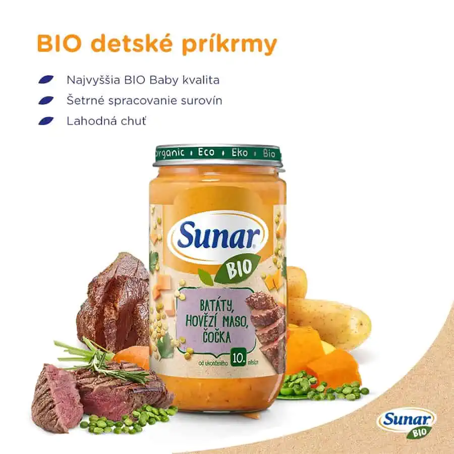 Sunar BIO príkrm Bataty, hovädzie mäso, šošovica 10m+, 235g