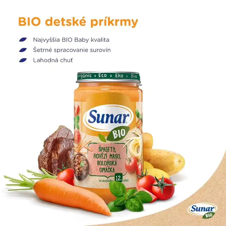 Sunar BIO príkrm Špagety, hovädzie mäso, bolonská omáčka 12m+, 235g