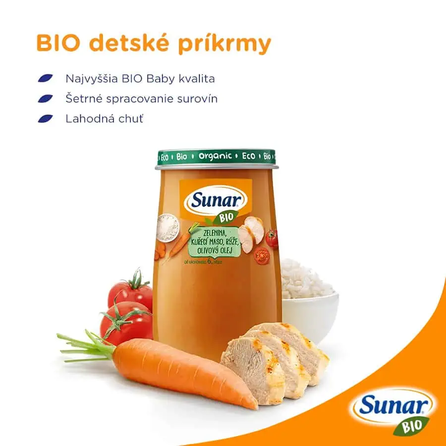 Sunar BIO príkrm Zelenina, kuracie mäso, ryža a olivový olej