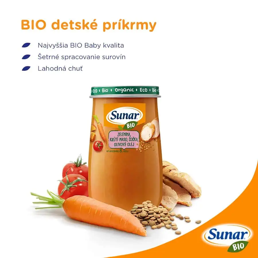 Sunar Bio príkrm Zelenina, morčacie mäso, šošovica a olivový olej 8m+, 190g
