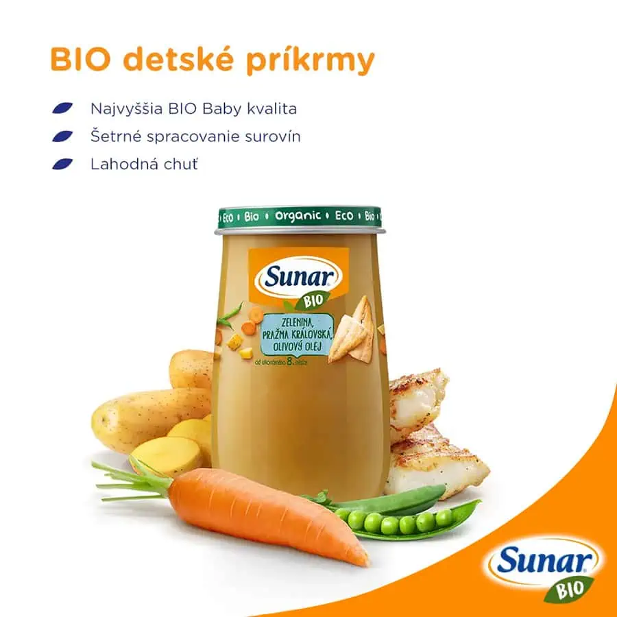 Sunar Bio príkrm Zelenina, pražma kráľovská a olivový olej 8m+, 190g