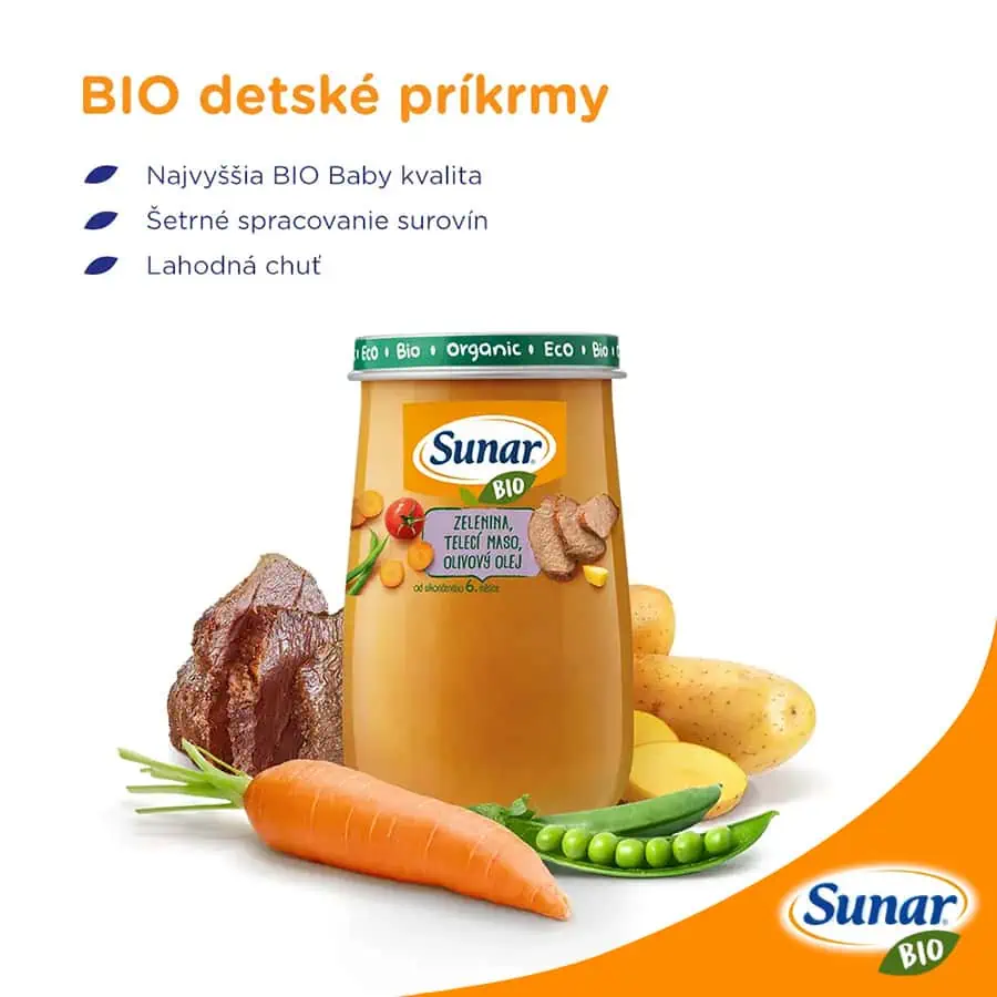 Sunar Bio príkrm Zelenina, teľacie mäso a olivový olej 6m+, 190g