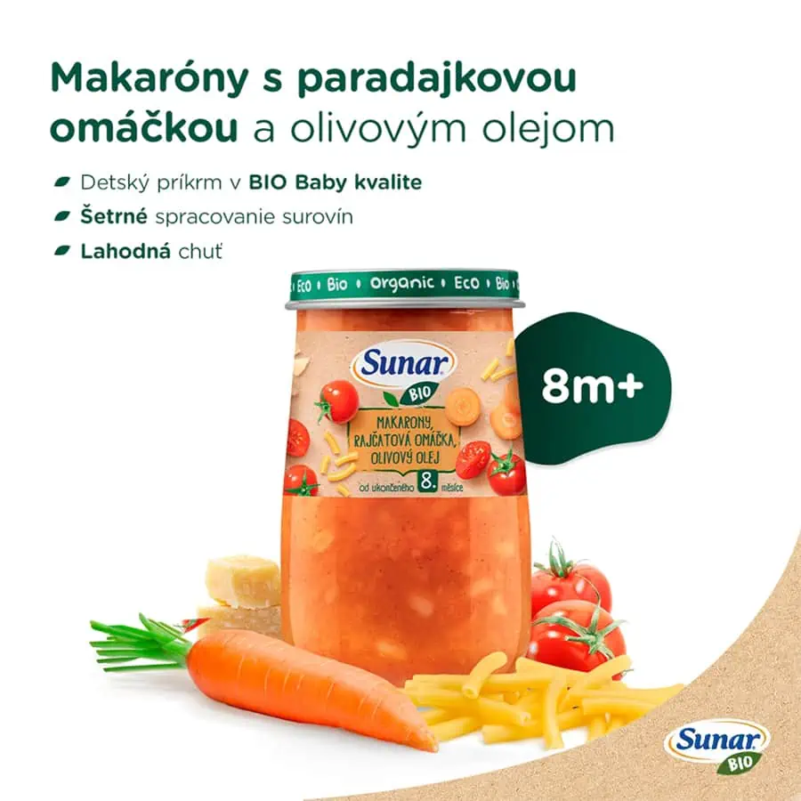 Sunar BIO príkrm Makaróny, Paradajková omáčka 8m+, 190g