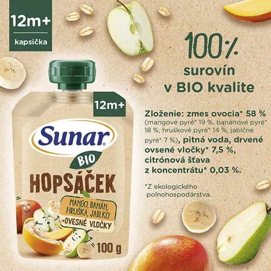 Sunar BIO HOPSÁČEK Kapsička Mango, banán, hruška, jablko a ovsené vločky - výživové údaje