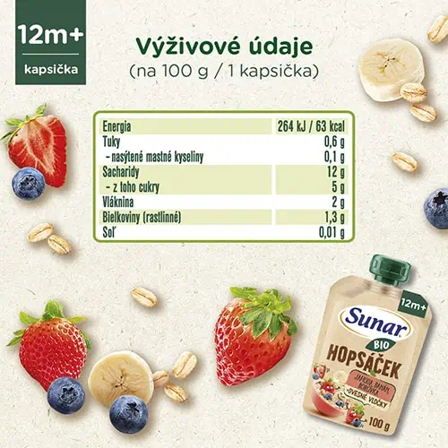 Sunar BIO HOPSÁČEK Kapsička Jahoda, banán, čučoriedka a ovsené vločky - výživové údaje