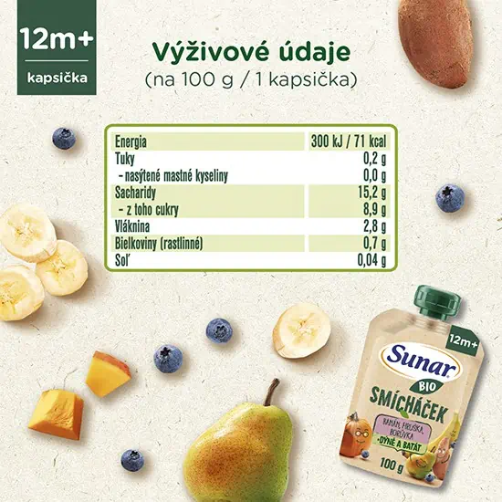 Sunar BIO SMÍCHÁČEK Kapsička Banán, hruška, čučoriedka, tekvica a batata - výživové údaje